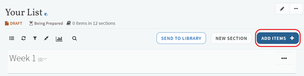 Screenshot showing new list with Add Items button highlighted