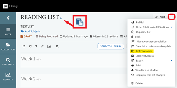 Screenshot showing permalink icon and menu item highlighted