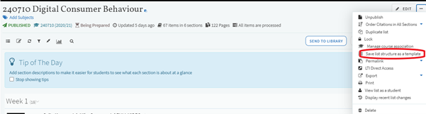 Screenshot showing Save list structure as a template menu item highlighted