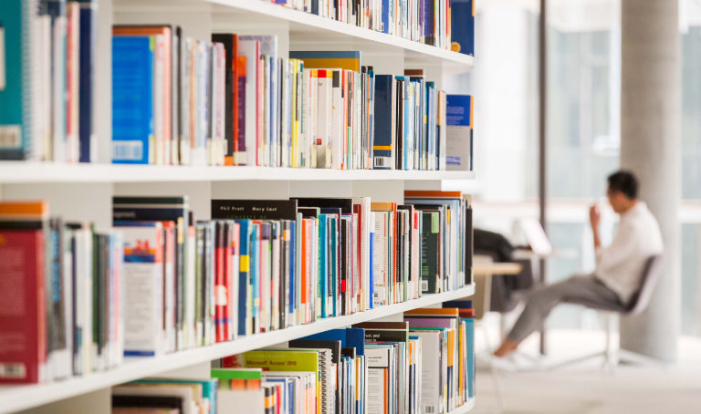 A view of bookshelves with a person in the distance