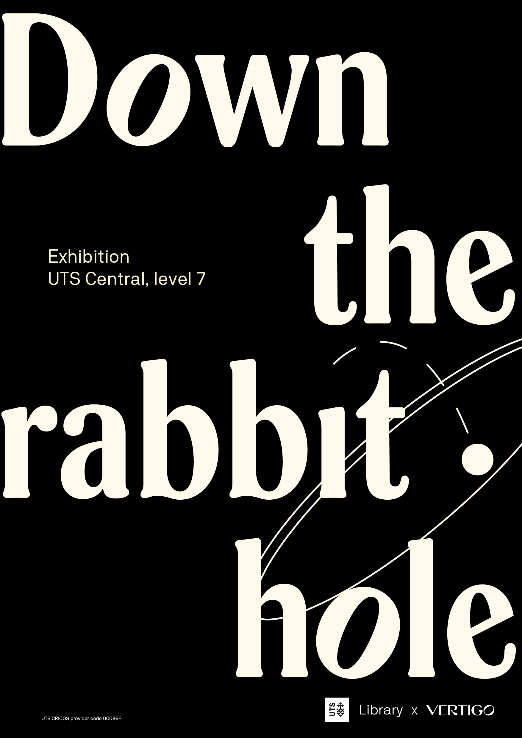White text on black background spelling 'Down the rabbit hole' falling down the page