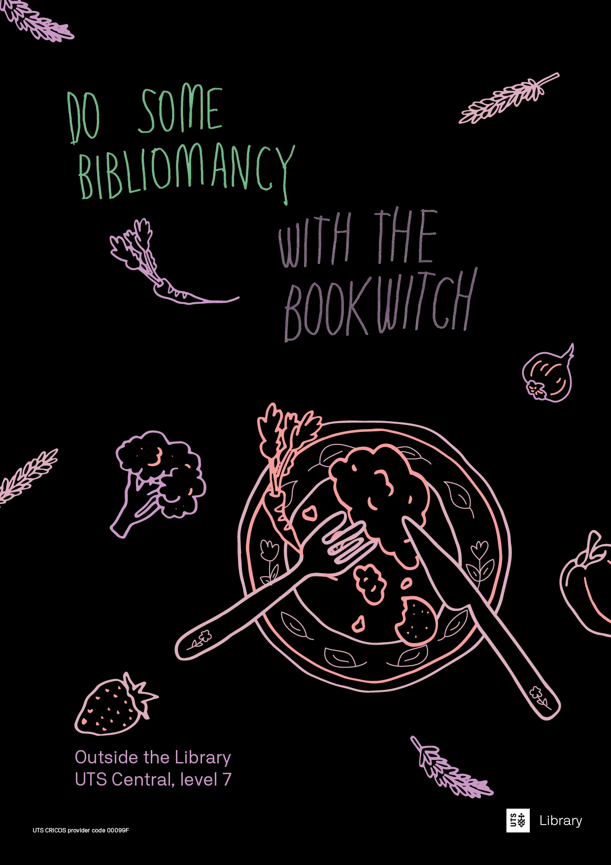 Black poster with green and purple handwritten text 'Do dome bibliomancy with the book witch'. Pink and purple illustrations of a dinner plate with food on it sits underneath, with drawings of various fruits and vegetables scattered around the page