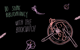 Green and purple text reading 'Do some bibliomancy with the BOOK WITCH' hand written on top of a black background. Pink and purple hand-drawn illustrations of a dinner plate surrounded by fruits and vegetables float across the background