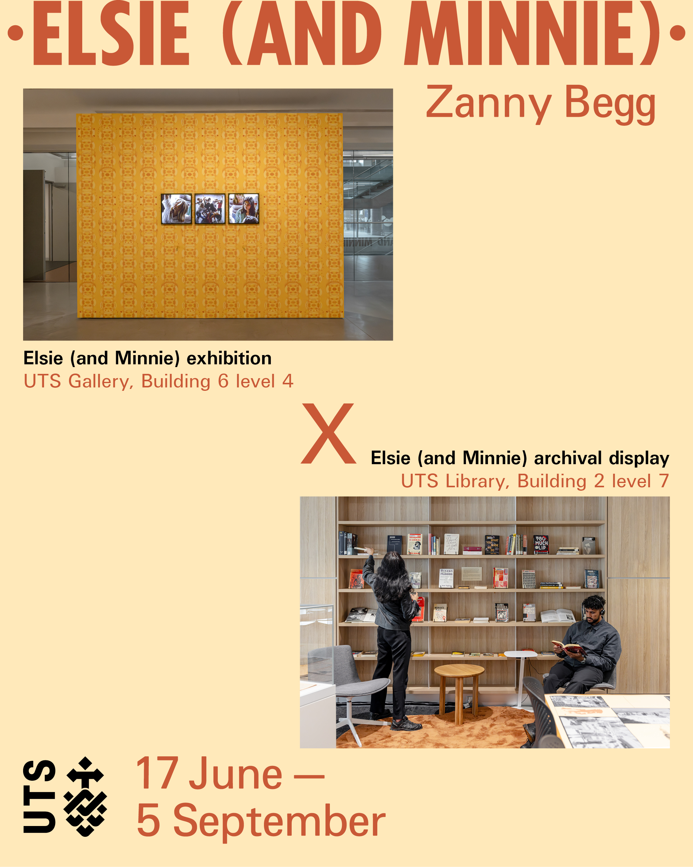 Image promoting a collaboration event between UTS Gallery and UTS Library. Images of the exhibitions in both spaces are featured
