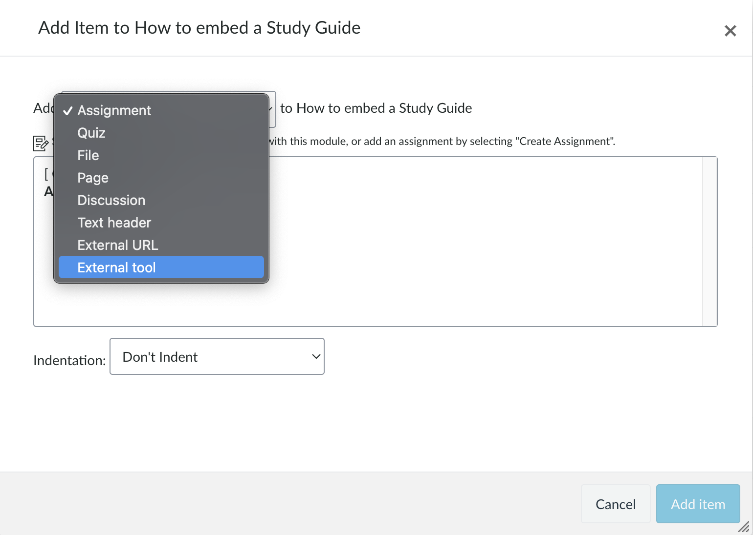 Drop down menu with external tool selected