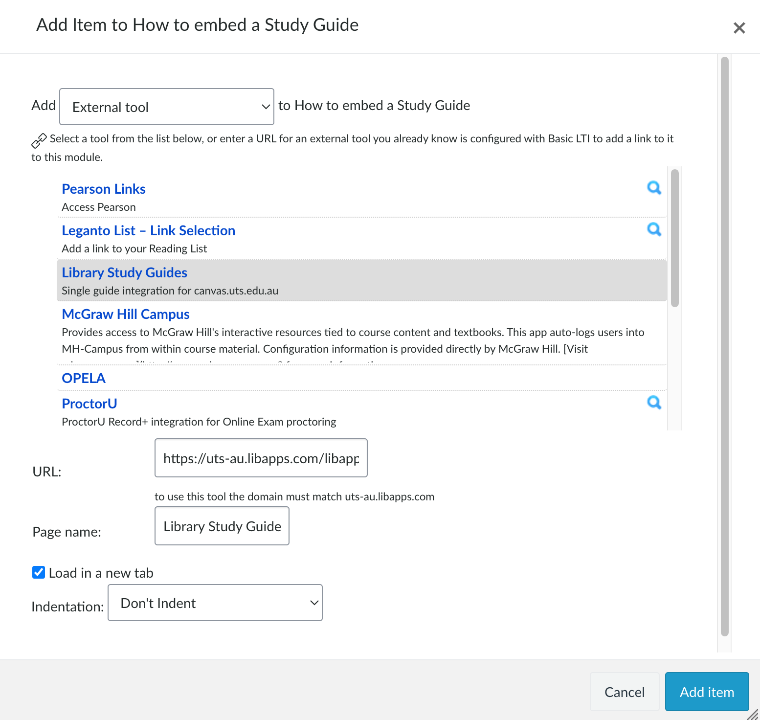Screenshot showing dropdown menu with Library Study Guides selected