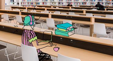 Photo of Reading Room tables with cartoon person sitting in chair