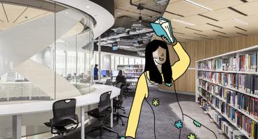 Photo of book shelves and study spaces with cartoon girl cheerfully holding 2 books
