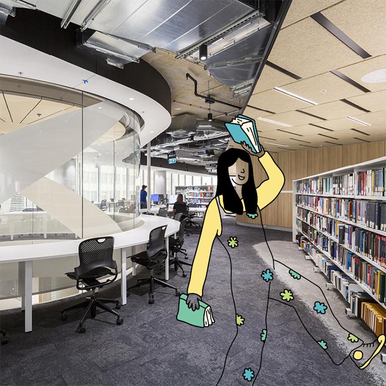 Photo of shelves and study desks at UTS Library. Cartoon girl is cheerfully holding a book