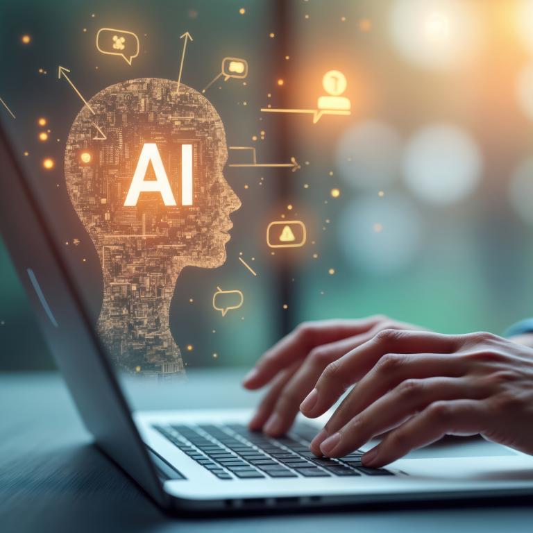 Hands hovering a laptop keyboard with imposed human head outlined with the words AI inside the head and speech symbols next to the head