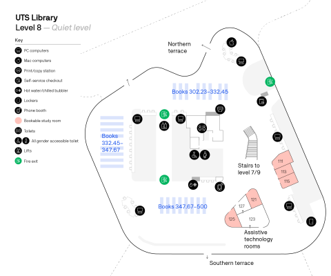 Floorplan showing level 8 of UTS Library