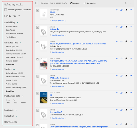 Filter search results by Availability, Resource Type, Subject, Publication Date and Language from the left-hand menu 