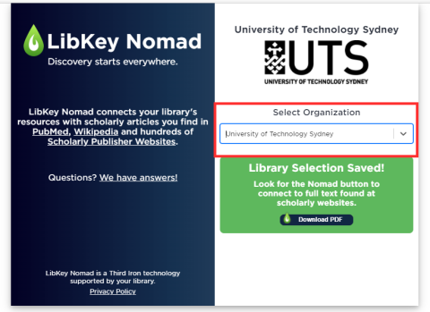 Select University of Technology when downloading the LibKey browser extension
