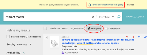 Save query and turn on notifications for new results for a search