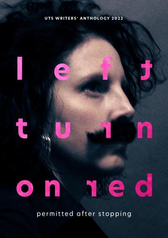 pink text 'left turn on red' floating above a grey image of a woman with a moustache