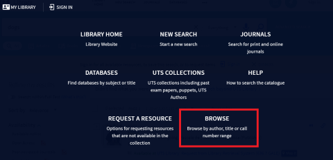 Location of Browse by author, title or call number function from the main menu