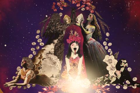 Deborah's purple work, featuring a little girl with a snake tongue with two majestic women on either side