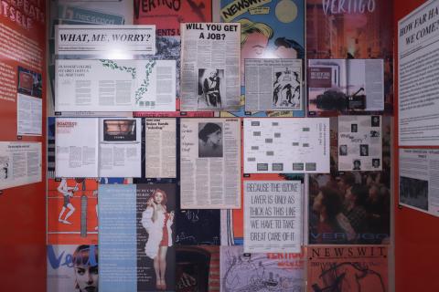 Exhibition wall with archival Vertigo Magazine spreads