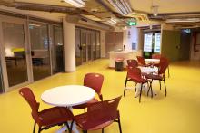 Student kitchen with microwave, hot water and vending machines stocked with snacks