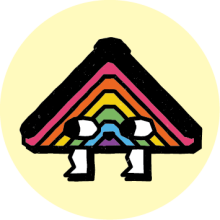 A rainbow book with eyes and legs sits on top a pastel yellow background