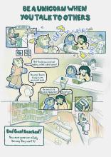 Hand drawn comic featuring a unicorn asking two noisy students to study quieter